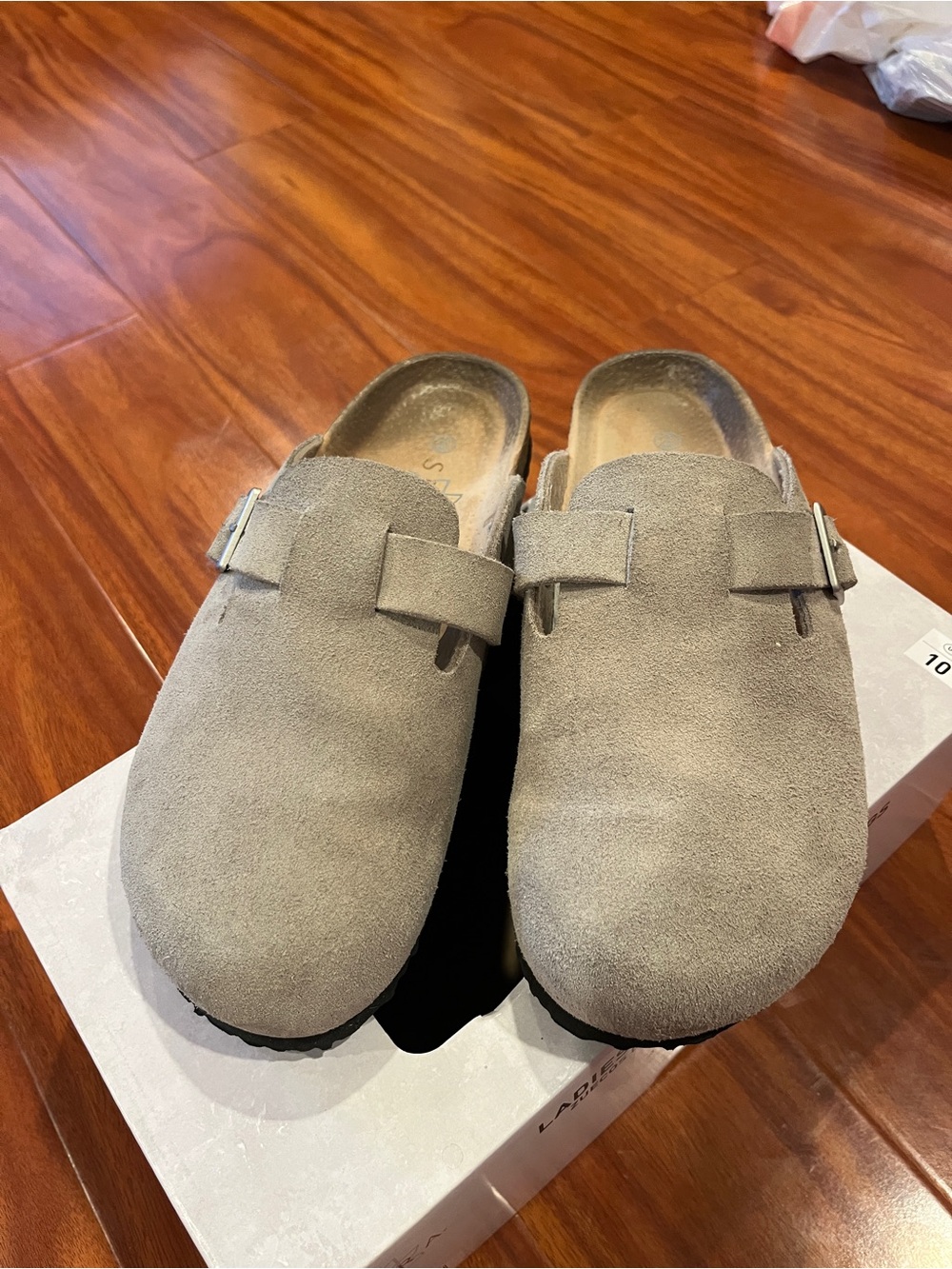 Taupe Grey Suede Clogs Buckle Mule Slip-Ons - Women’s Size 10